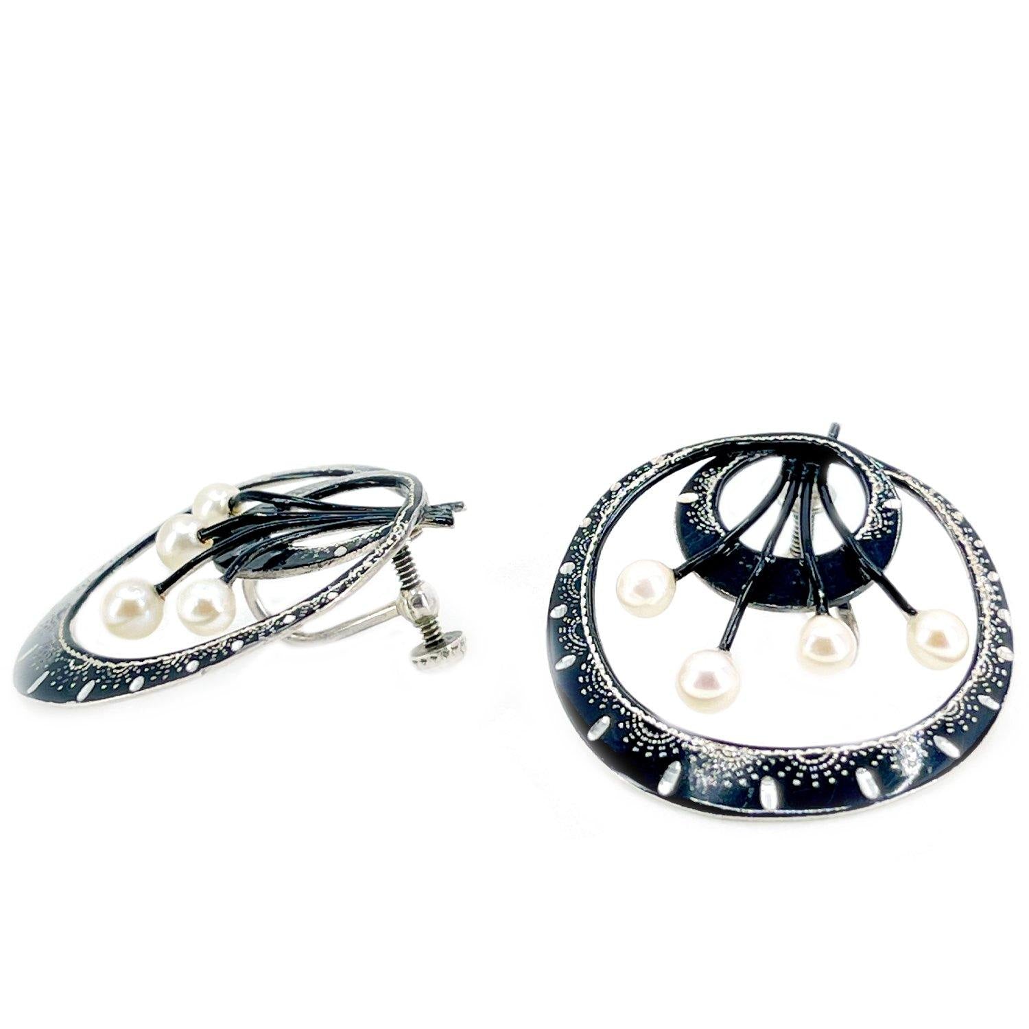 Black Enamel Akoya Saltwater Cultured Pearl Screwback Earrings- Sterling Silver