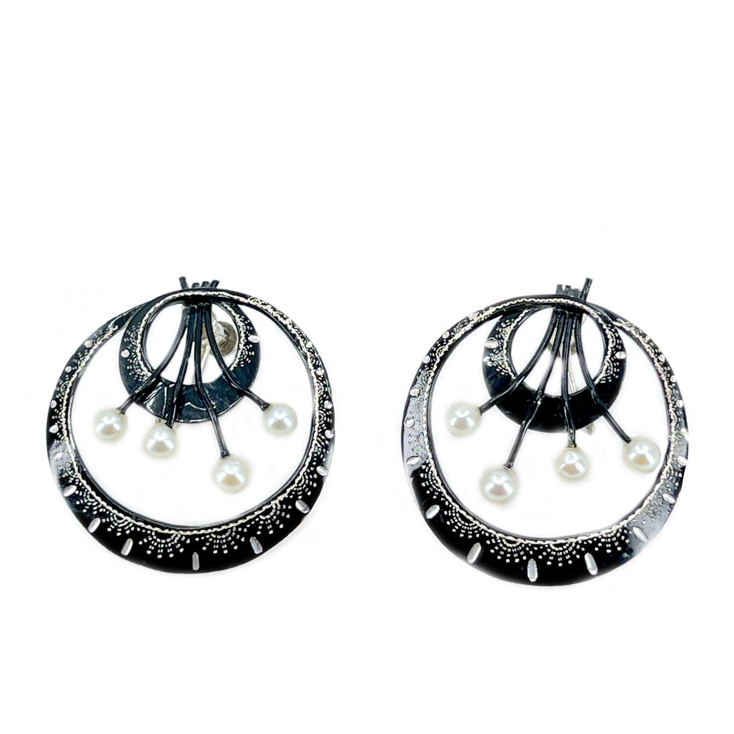 Black Enamel Akoya Saltwater Cultured Pearl Screwback Earrings- Sterling Silver