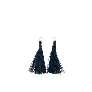 Kumihimo Braided Jet Black Natural Silk Tassel Boho Pierced Earring Enhancer- 14K Yellow Gold 1 3/4 Inch