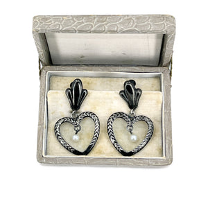 Heart Black Enamel Japanese Akoya Saltwater Cultured Pearl Vintage Screwback Earrings- Sterling Silver