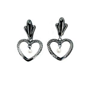 Heart Black Enamel Japanese Akoya Saltwater Cultured Pearl Vintage Screwback Earrings- Sterling Silver