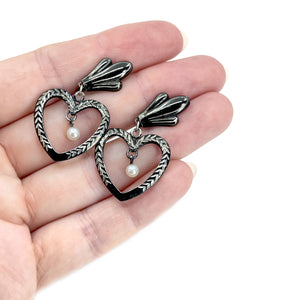 Heart Black Enamel Japanese Akoya Saltwater Cultured Pearl Vintage Screwback Earrings- Sterling Silver