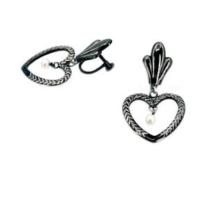 Heart Black Enamel Japanese Akoya Saltwater Cultured Pearl Vintage Screwback Earrings- Sterling Silver