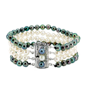 Four Strand Deco Japanese Saltwater Black Akoya Cultured Pearl Bracelet- Sterling Silver