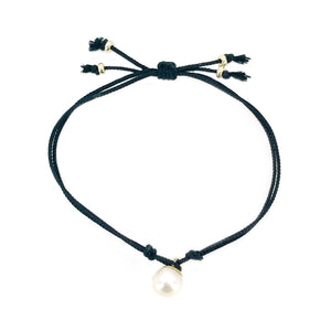 Kumihimo Braided Pure Black Silk Vintage Akoya Saltwater Cultured Pearl Adjustable Bracelet-14K Yellow Gold