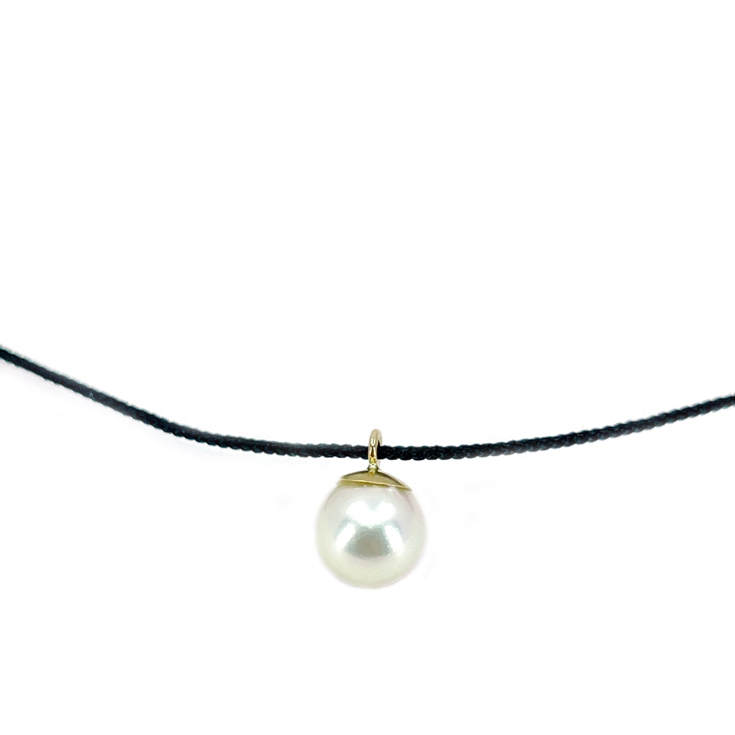 Kumihimo Braided Pure Black Silk Vintage Akoya Saltwater Cultured Pearl Adjustable Necklace-14K Yellow Gold