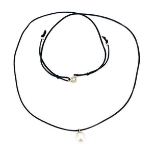 Kumihimo Braided Pure Black Silk Vintage Akoya Saltwater Cultured Pearl Adjustable Necklace-14K Yellow Gold