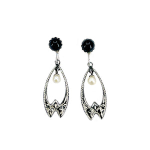Japanese Vintage Black Rhodium Akoya Saltwater Cultured Pearl Screwback Earrings- Sterling Silver