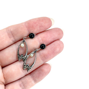 Japanese Vintage Black Rhodium Akoya Saltwater Cultured Pearl Screwback Earrings- Sterling Silver