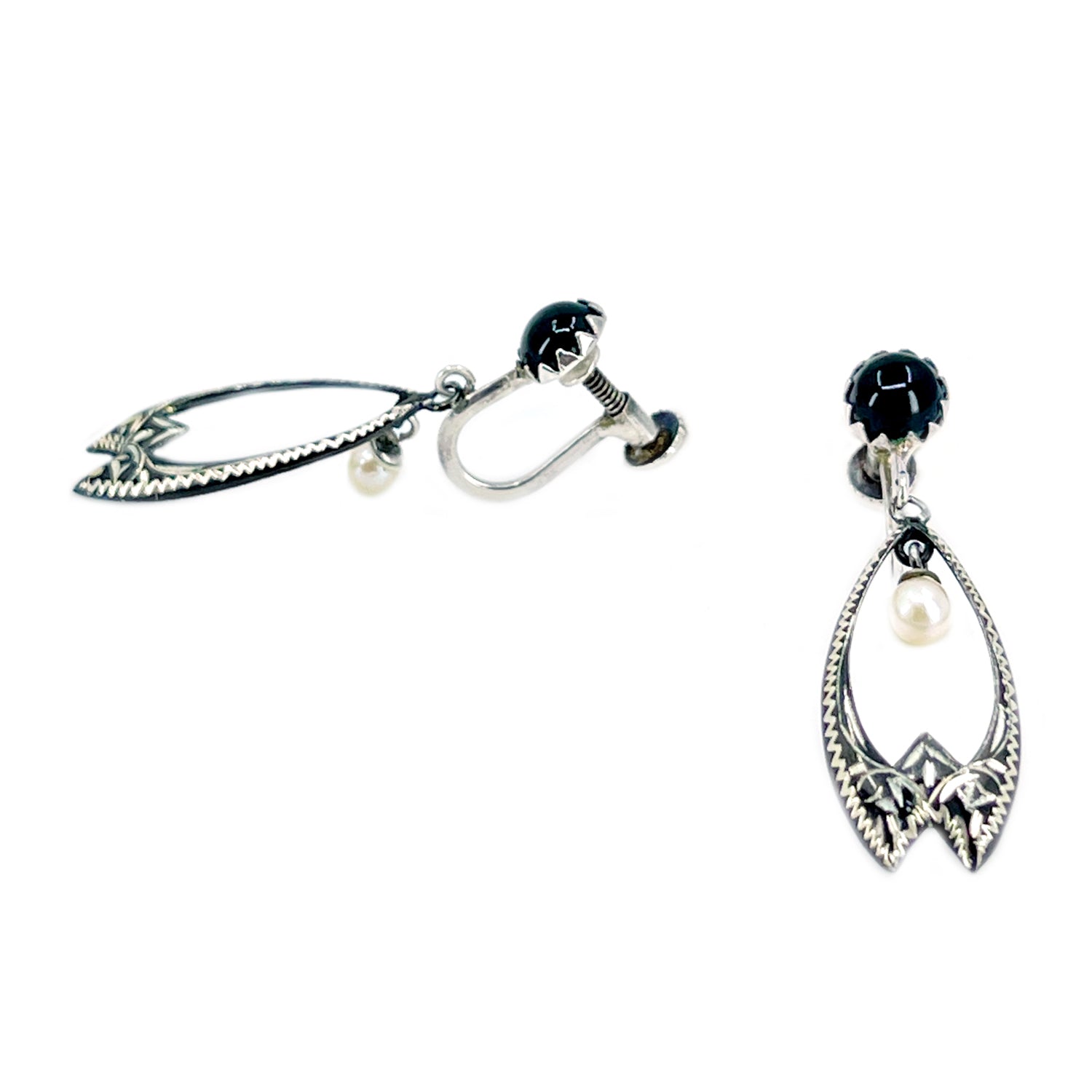 Japanese Vintage Black Rhodium Akoya Saltwater Cultured Pearl Screwback Earrings- Sterling Silver