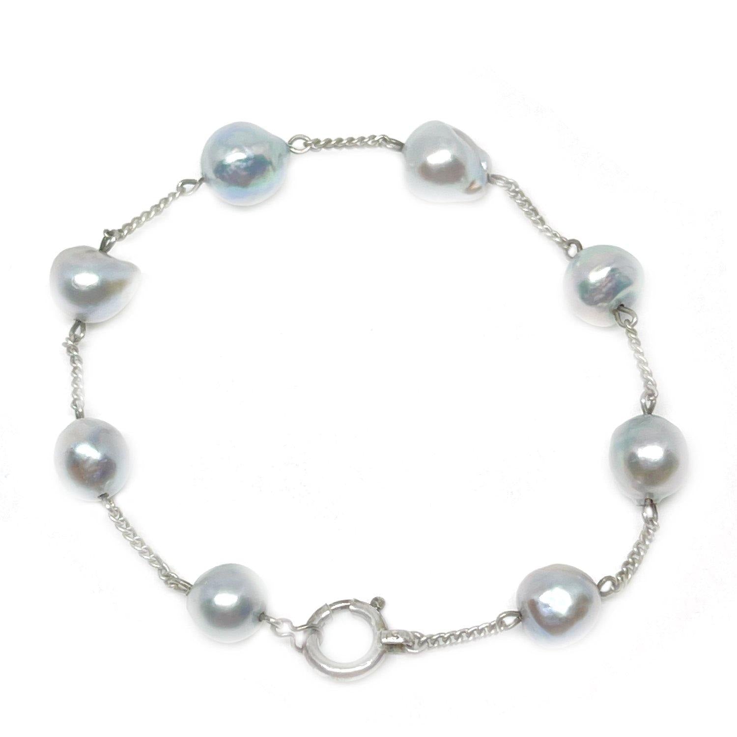 Japanese Blue Saltwater Akoya Cultured Pearl Chain Bracelet- Sterling Silver
