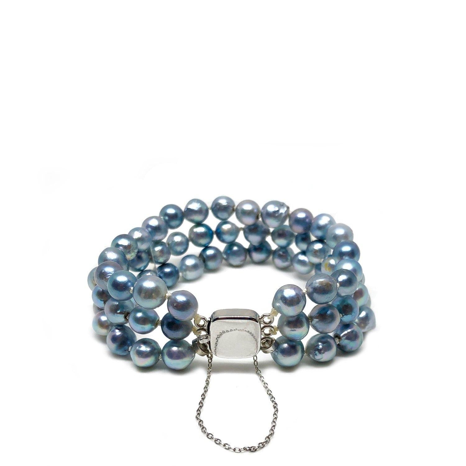 Triple Strand Blue Gray Japanese Saltwater Akoya Cultured Pearl Bracelet- Sterling Silver