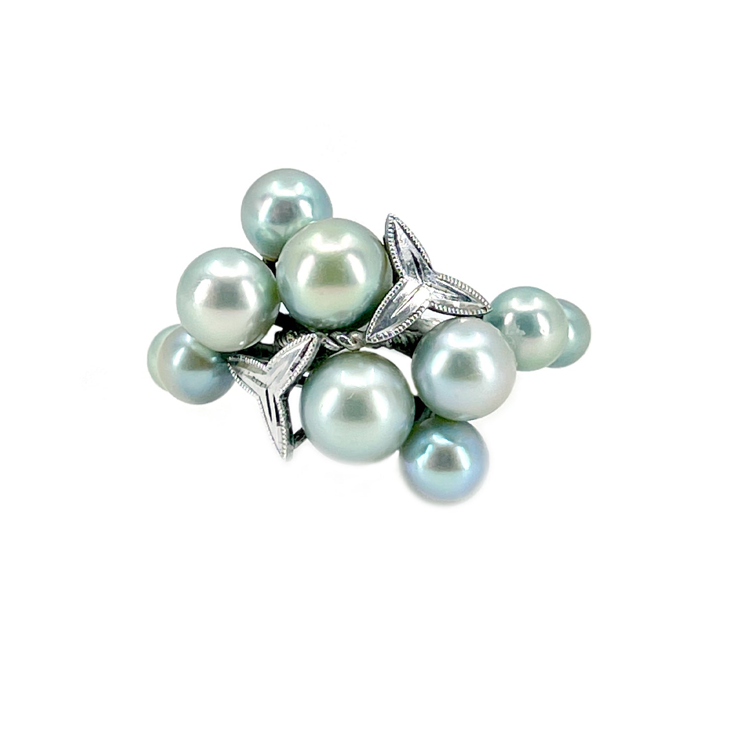 Nouveau Cluster Blue Green Japanese Saltwater Akoya Cultured Pearl Vintage Ring- Sterling Silver Sz 6 3/4