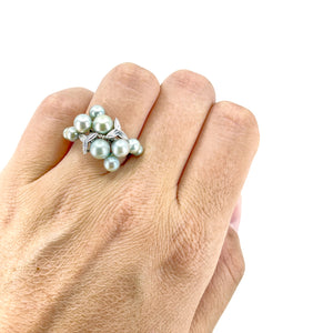 Nouveau Cluster Blue Green Japanese Saltwater Akoya Cultured Pearl Vintage Ring- Sterling Silver Sz 6 3/4