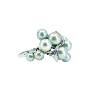 Nouveau Cluster Blue Green Japanese Saltwater Akoya Cultured Pearl Vintage Ring- Sterling Silver Sz 6 3/4