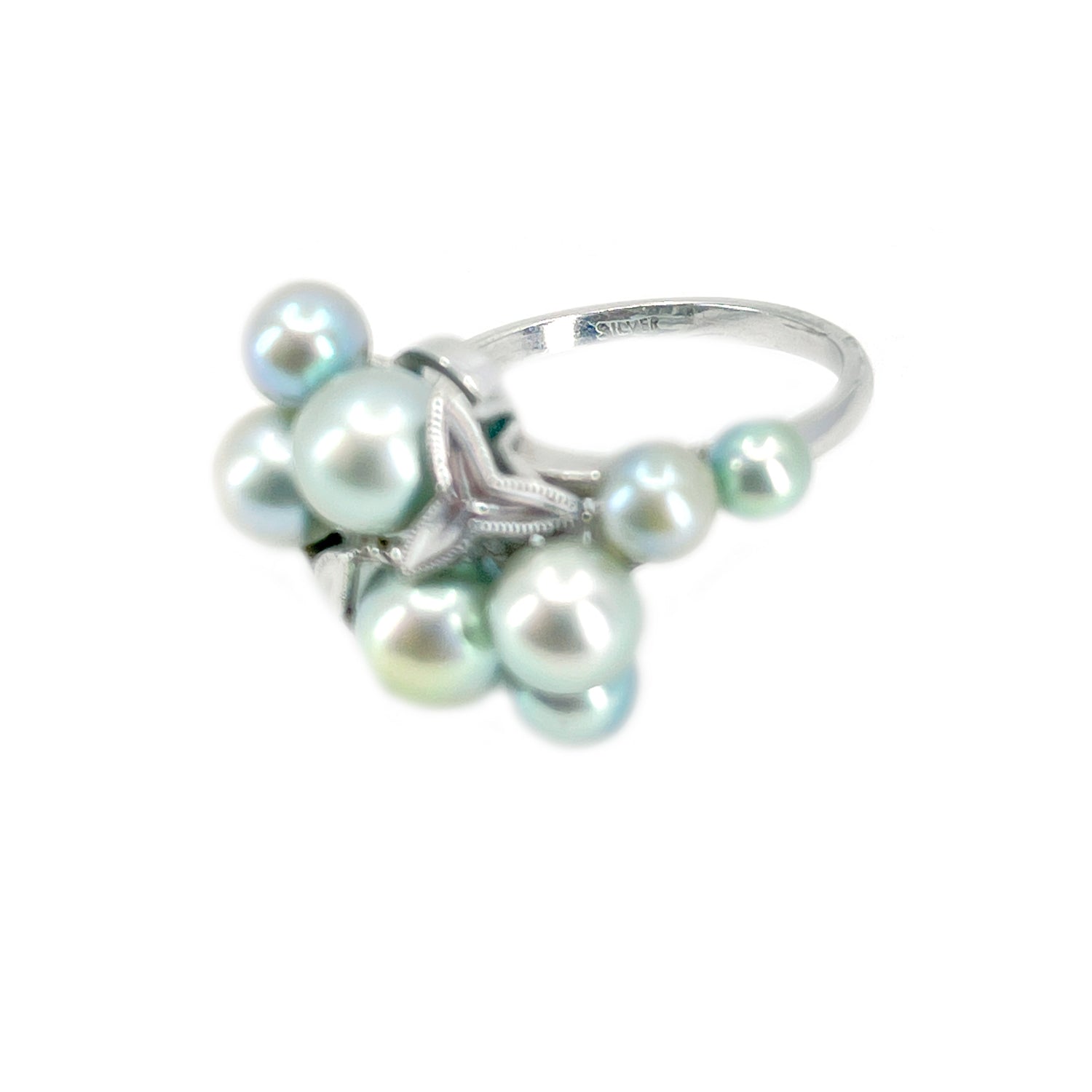 Nouveau Cluster Blue Green Japanese Saltwater Akoya Cultured Pearl Vintage Ring- Sterling Silver Sz 6 3/4