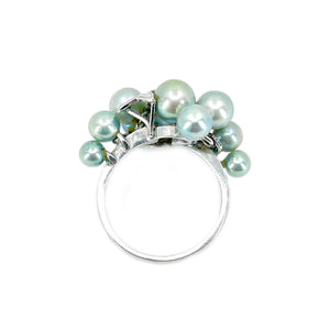 Nouveau Cluster Blue Green Japanese Saltwater Akoya Cultured Pearl Vintage Ring- Sterling Silver Sz 6 3/4