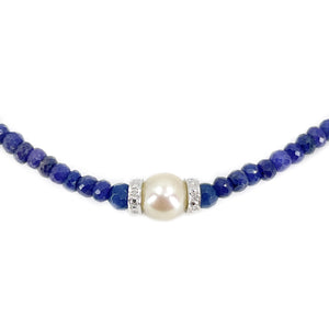 Retro Blue Sapphire Diamond Japanese Saltwater Cultured Akoya Pearl Strand - 14K White Gold 18 Inch