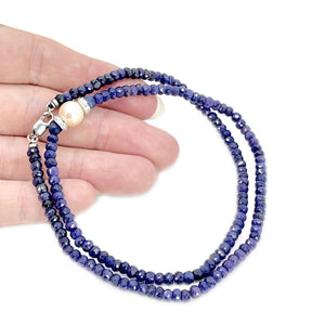 Retro Blue Sapphire Diamond Japanese Saltwater Cultured Akoya Pearl Strand - 14K White Gold 18 Inch