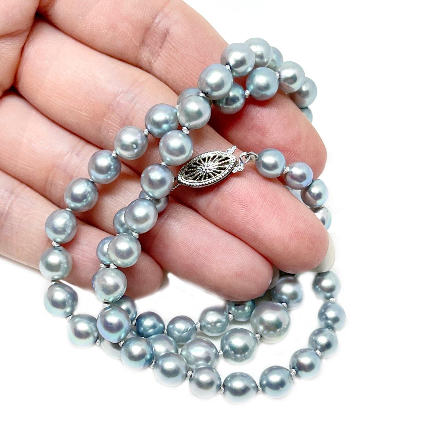 Blue Japanese Cultured Akoya Pearl Graduated Necklace - 10K White Gold 21 Inch