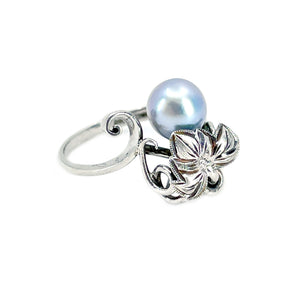 Nouveau Grape Leaf Blue Japanese Saltwater Blue Akoya Cultured Pearl Vintage Ring- Sterling Silver Sz 6 1/2