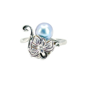 Nouveau Grape Leaf Blue Japanese Saltwater Blue Akoya Cultured Pearl Vintage Ring- Sterling Silver Sz 6 1/2