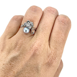 Nouveau Grape Leaf Blue Japanese Saltwater Blue Akoya Cultured Pearl Vintage Ring- Sterling Silver Sz 6 1/2