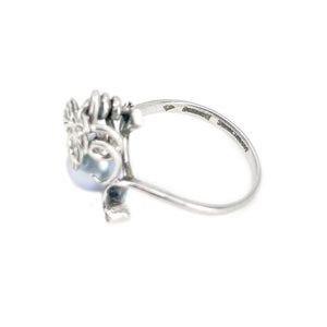 Nouveau Grape Leaf Blue Japanese Saltwater Blue Akoya Cultured Pearl Vintage Ring- Sterling Silver Sz 6 1/2