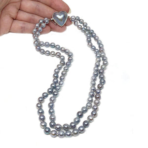 Heart Double Strand Japanese Cultured Akoya Pearl Necklace -Sterling Silver 17 & 18 Inch
