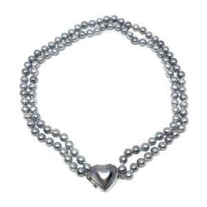 Heart Double Strand Japanese Cultured Akoya Pearl Necklace -Sterling Silver 17 & 18 Inch