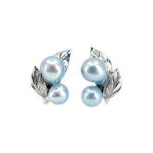 Vintage Baroque Blue Japanese Akoya Saltwater Cultured Pearl Leaf Screwback Earrings- Sterling Silver