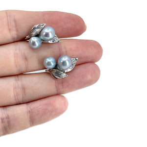 Vintage Baroque Blue Japanese Akoya Saltwater Cultured Pearl Leaf Screwback Earrings- Sterling Silver