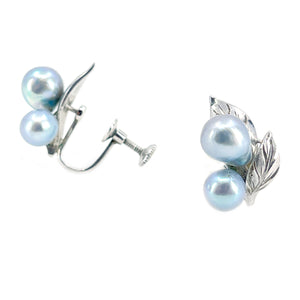 Vintage Baroque Blue Japanese Akoya Saltwater Cultured Pearl Leaf Screwback Earrings- Sterling Silver
