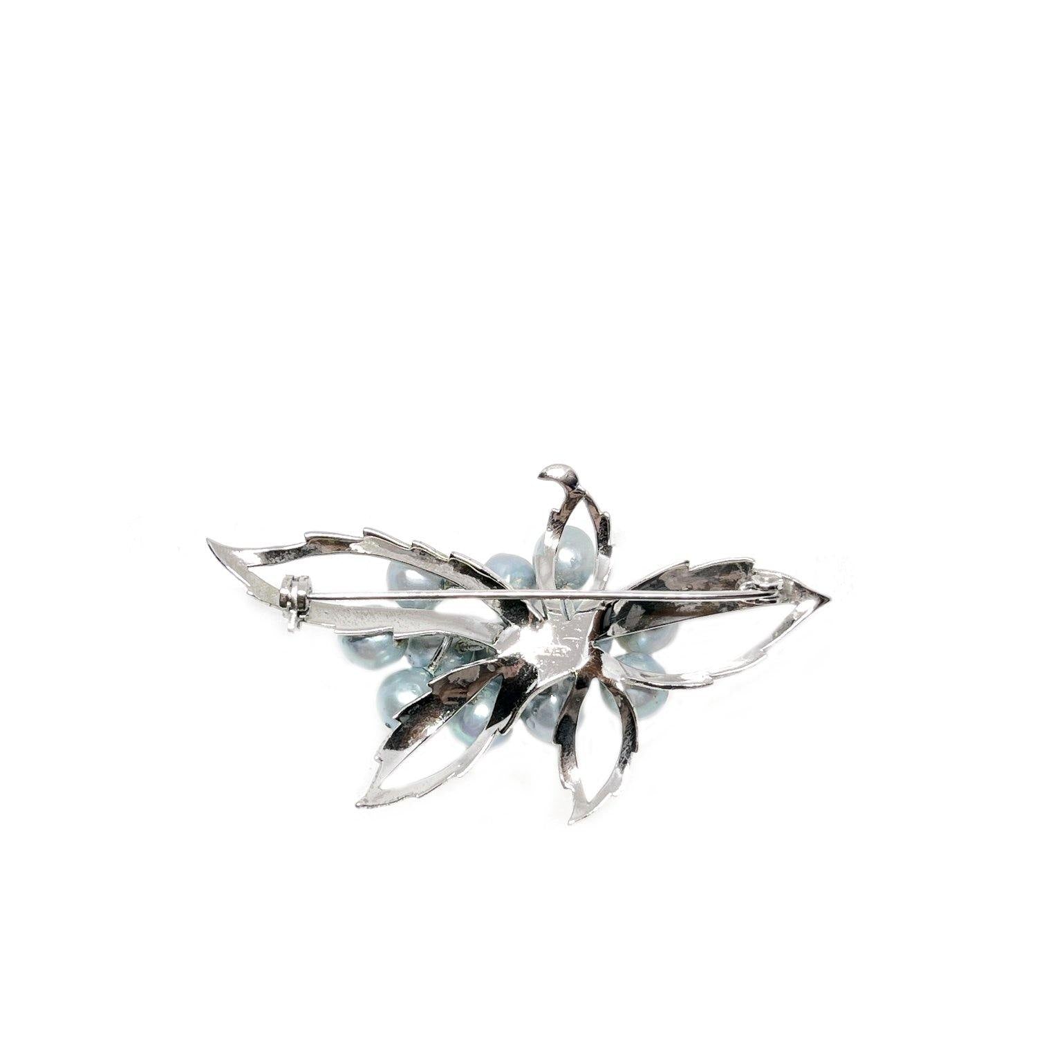 Leaf Cluster Blue Japanese Saltwater Akoya Cultured Pearl Brooch- Sterling Silver