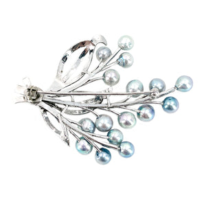 Vintage Floral Blue Japanese Saltwater Akoya Cultured Pearl Brooch- Sterling Silver