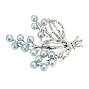 Vintage Floral Blue Japanese Saltwater Akoya Cultured Pearl Brooch- Sterling Silver