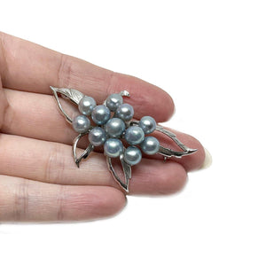 Leaf Cluster Blue Japanese Saltwater Akoya Cultured Pearl Brooch- Sterling Silver