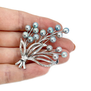 Vintage Floral Blue Japanese Saltwater Akoya Cultured Pearl Brooch- Sterling Silver