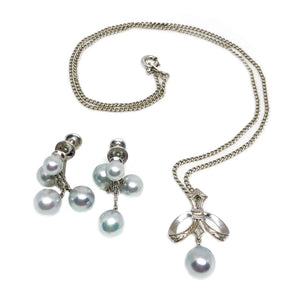 Mikimoto Blue Saltwater Akoya Deco Lavaliere Necklace Screwback Earring Set- Sterling Silver