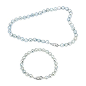 Blue Japanese Saltwater Cultured Akoya Pearl Vintage Choker Necklace & Bracelet Set - Sterling Silver 15.50 Inch