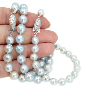Blue Japanese Saltwater Cultured Akoya Pearl Vintage Choker Necklace & Bracelet Set - Sterling Silver 15.50 Inch