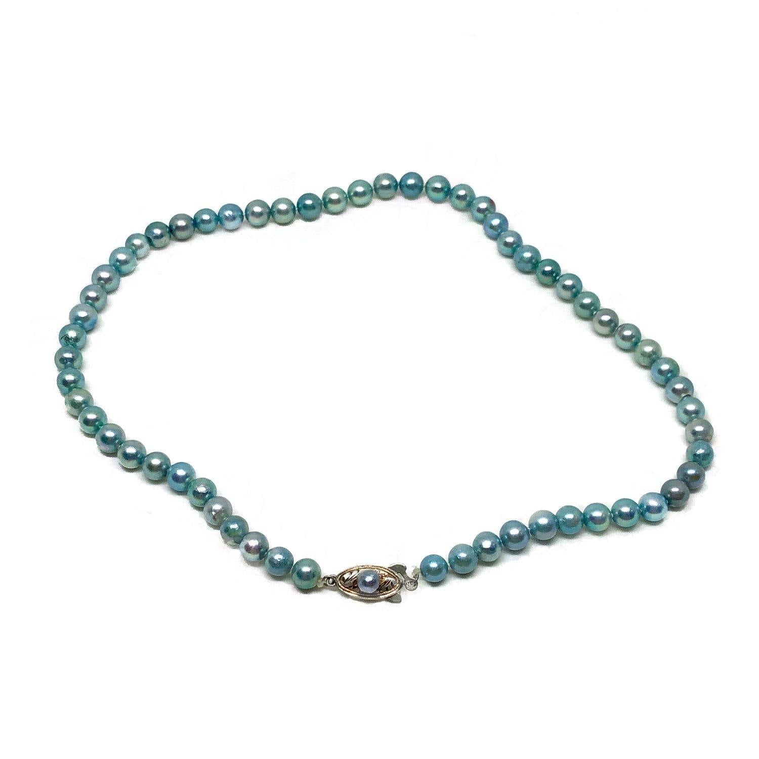 Blue Japanese Saltwater Cultured Akoya Pearl Necklace - Sterling Silver