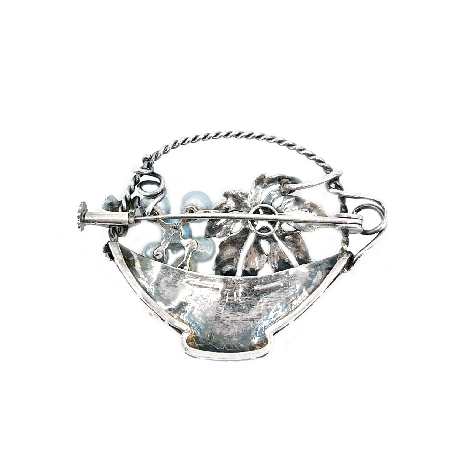 Art Nouveau Blue Japanese Saltwater Akoya Cultured Pearl Grape Basket Brooch- Sterling Silver