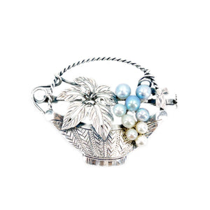 Art Nouveau Blue Japanese Saltwater Akoya Cultured Pearl Grape Basket Brooch- Sterling Silver