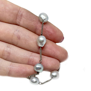 Japanese Blue Saltwater Akoya Cultured Pearl Chain Bracelet- Sterling Silver