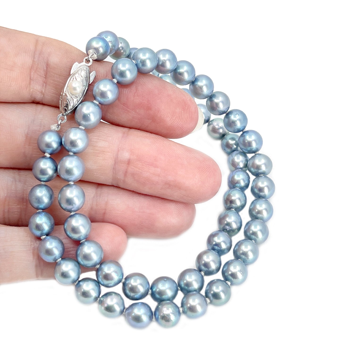 Blue Japanese Saltwater Cultured Akoya Pearl Vintage Necklace Choker - Sterling Silver 15.75 Inch