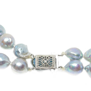 Double Strand Blue Japanese Cultured Akoya Pearl Choker Necklace - 14K White Gold 15 & 15.50 Inch