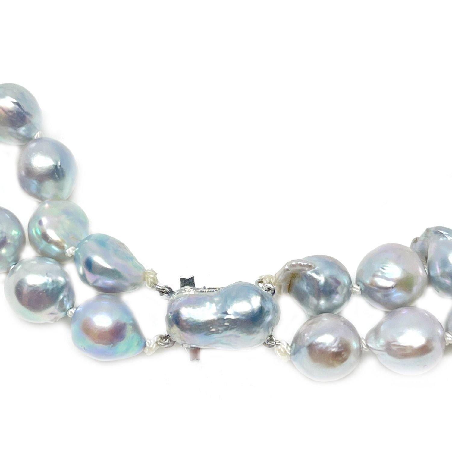 Double Strand Blue Japanese Cultured Akoya Pearl Choker Necklace - 14K White Gold 15 & 15.50 Inch