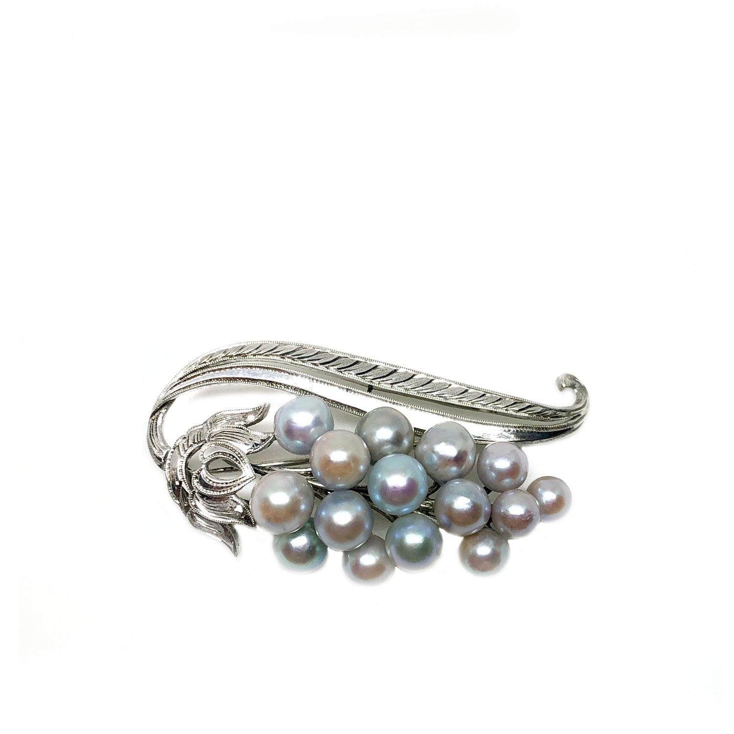 Front Cluster Engraved Grape Blue Japanese Saltwater Akoya Cultured Pearl Brooch- Sterling Silver