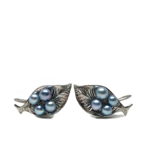 Handmade Blue Akoya Saltwater Cultured Pearl Leaf Screwback Earrings- Sterling Silver - Vintage Valuable Pearls